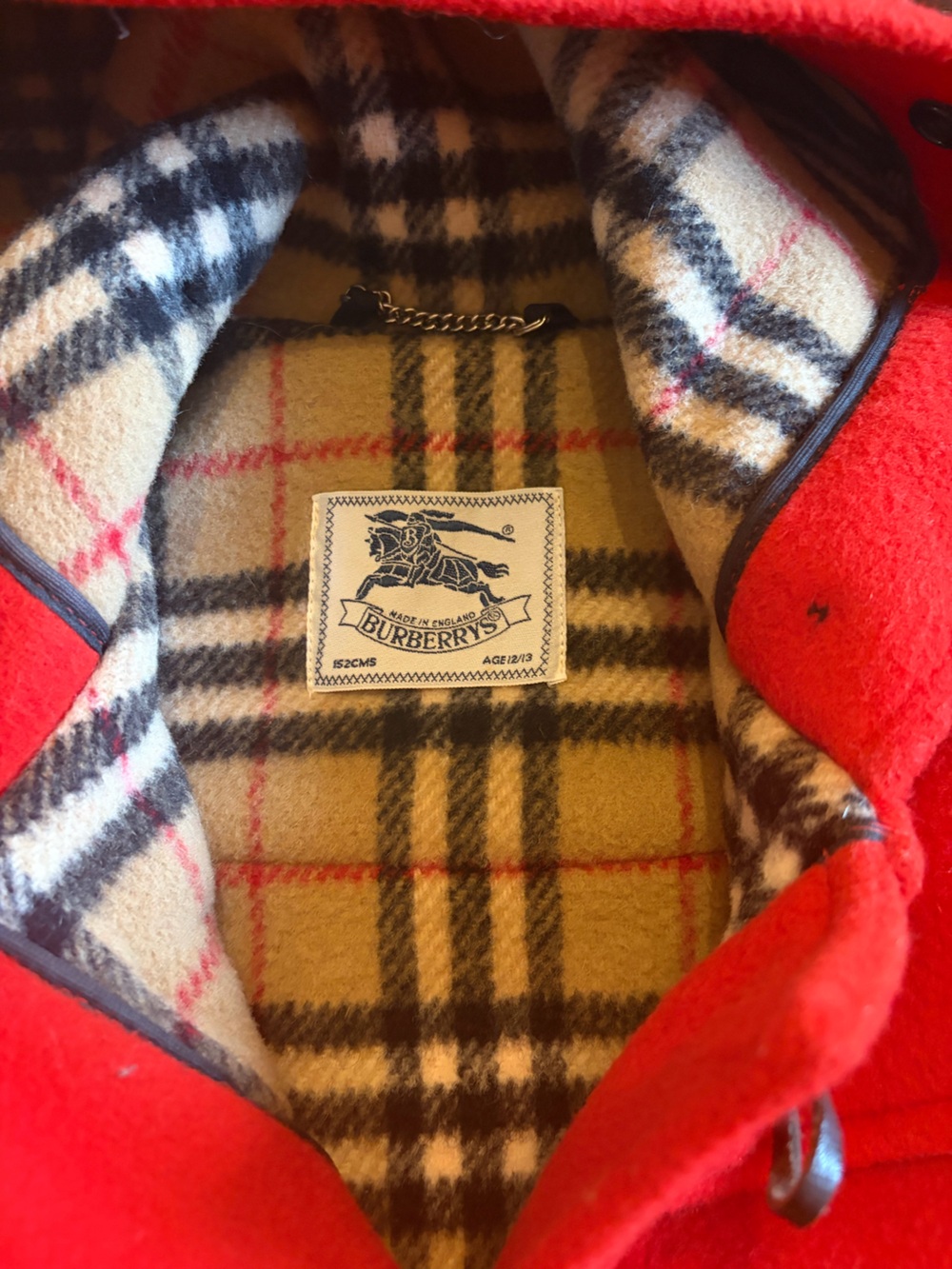 Vintage Burberrys Made in England Red 100% Wool Duffle Toggle Coat Hooded 12/13 - Picture 3 of 6